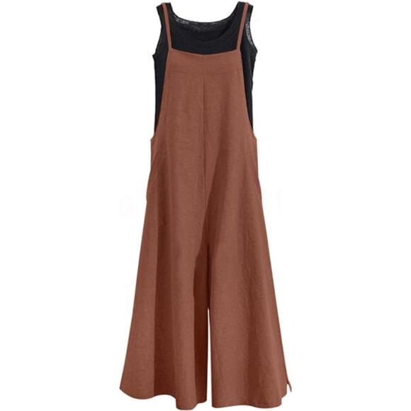 Women Loose Long Bib Pants Wide Leg Jumpsuits Brown - Picture 2 of 5